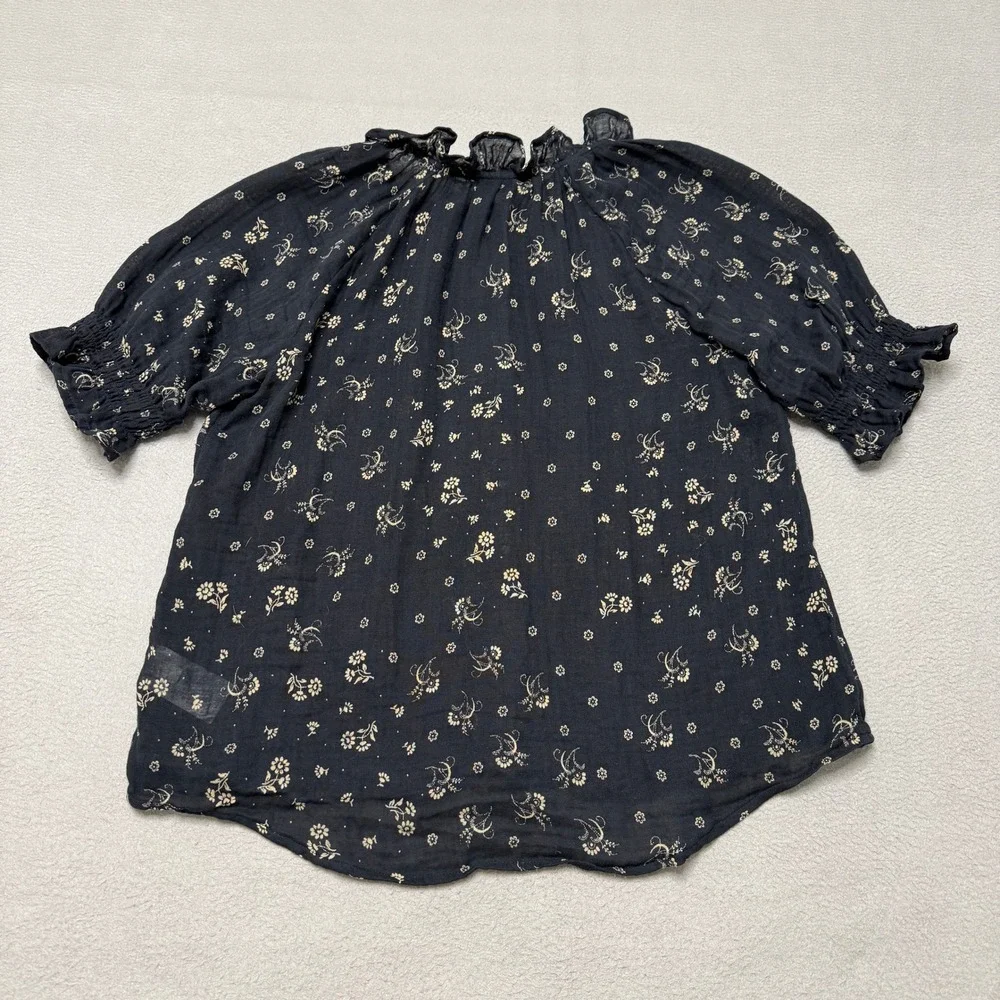 Madewell Top Womens Small Black Floral Cotton Ruffle Neck Short Puff Sleeve